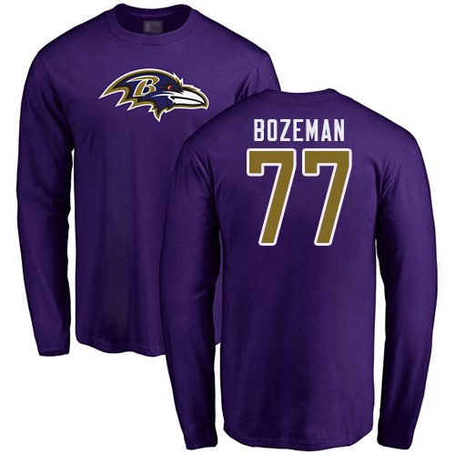 Men Baltimore Ravens Purple Bradley Bozeman Name and Number Logo NFL Football #77 Long Sleeve T Shirt->baltimore ravens->NFL Jersey